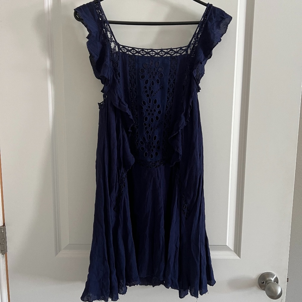 Free People Priscilla Ruffled Crochet Trim Dress - Navy - Size XS